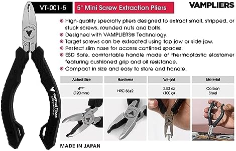VAMPLIERS 4-PC Screw Extractor Pliers Gift Set. Made in Japan. 8" Linesman, 7.5" Long Nose, 6.25" Multipurpose & 5" ESD Safe Pliers + Tool Pouch. Remove any Stripped/Damaged/Rusted Screws.