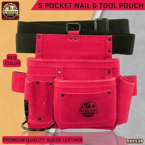 Graintex 5 Pocket Suede Leather Tool Belt/Bag, Multipurpose Leather Tool Belt for Women and Men, Ideal for Construction, Electrician, Handymen, Carpenter, Gardening Pouch & DIY Projects