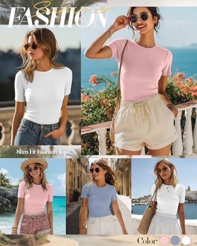 Ficerd 3 Pack Women's Ribbed Short Sleeve T-Shirts