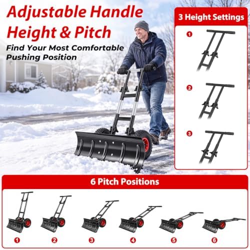 TomCare 36 in Snow Shovel with Wheels, Alloy Steel Snow Pusher Shovel