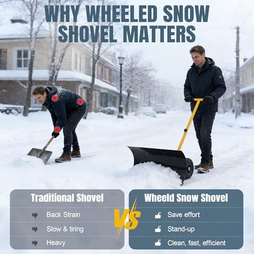 29" Push Snow Shovel with Wheels for Driveway, Heavy Duty Adjustable Angle Wheeled Snow Pusher Shovel, Metal Rolling Snow Pusher, Snow Plow Shovel on Wheels for Snow Removable