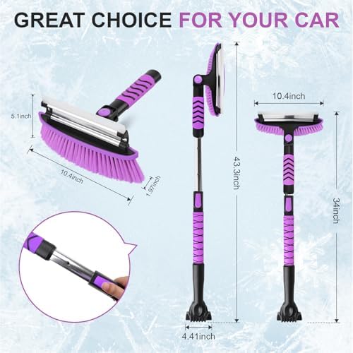 3 in 1 Snow Brush with Ice Scraper for Car Windshield Extendable, SUV Snow Removal with Squeegee Heavy Duty, 180° Rotating Head Car Window Cleaner for Winter 43 inch