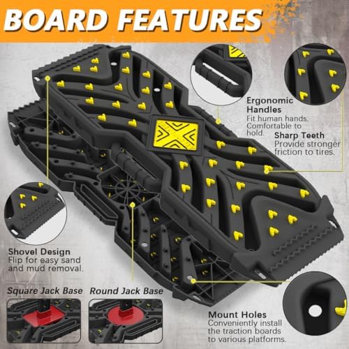 Traction Boards Recovery Boards (Pair) – 42″ × 14″ PA66 Off-Road Tracks with 34 High-Strength Contrasting-Color Spikes, Flip-Shovel & Jack-Base Design, Tow Strap – Sand, Mud, Snow 4×4 SUV ATV Truck