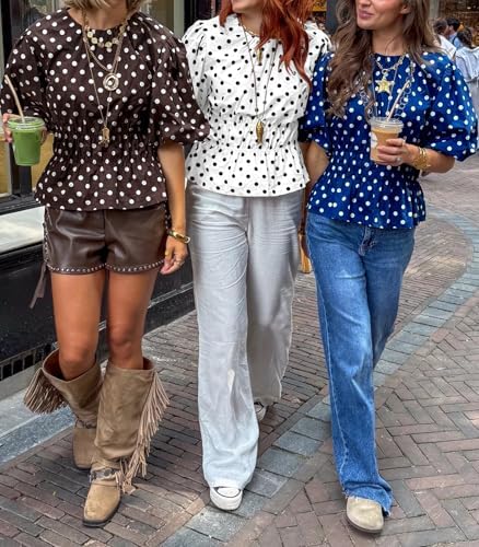 Cicy Bell Women Polka Dot Peplum Blouse Round Neck Puff Sleeve Summer Top
