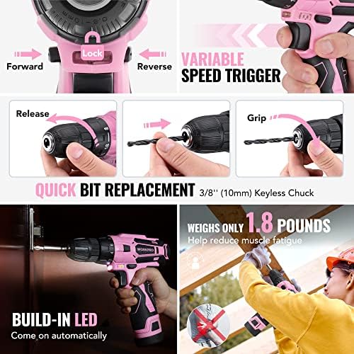 WORKPRO 12V Cordless Pink Drill Set for Women, Home Tool Kit with Tool box
