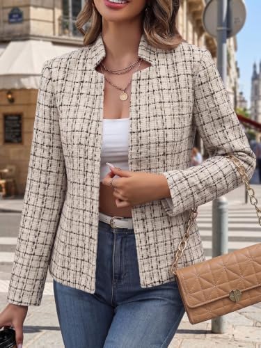 Mina Self 2026 Fall Women's Open Front Tweed Blazer,Plaid Fitted Jacket