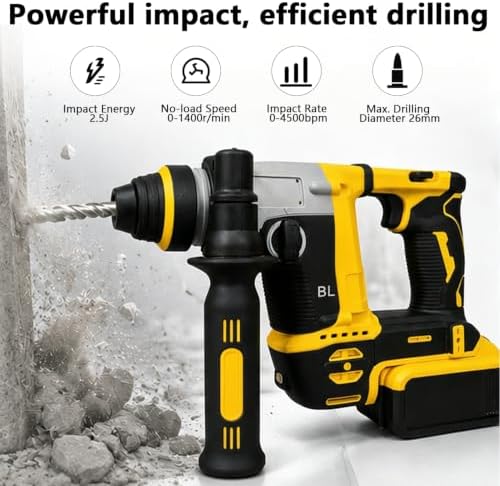 Cordless Hammer Drill for Dewalt Battery, SDS Plus Brushless Rotary Hammer Drill with 2 Mode Operation, 3 Drill Bits, Safety Goggles and Gloves, Suitable for Concrete, Masonry, Wood, Metal(No Battery)