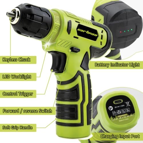 CARTMAN 150PCS 8V Cordless Drill Hand Tool Set, Green Household Repair Kit