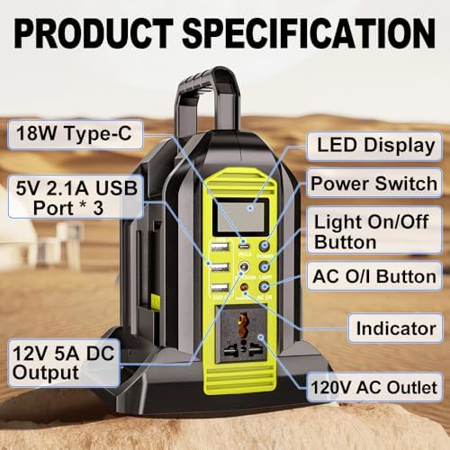 Choerinton 350W Power Inverter for Ryobi 40V Lithium Battery, 2-Port DC to AC 110-120V Inverter with LED Light, 3 USB-A,1 USB-C, DC and AC Ports, Portable Battery Inverters for Outdoor Use(Tool Only)