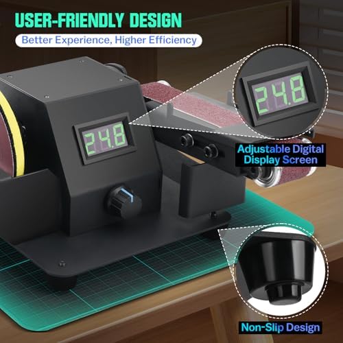 4-1 Mini Multi-functional Table Saw with Voltage LED Display and 7 Speed Adjustable, Mini Table Saw for Crafts with 10 Sanding Belts, 90° Adjustable Belt Sander, Dual Bench Grinder