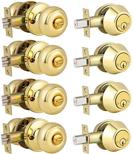 4 Pack Round Polished Brass Entry Door Knobs and Deadbolt Combination Set, Double Cylinder Deadbolt Door Lock Set, Keyed Alike, ANSI Grade 3 Security, 250,000 Cycles