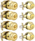 4 Pack Round Polished Brass Entry Door Knobs and Deadbolt Combination Set, Double Cylinder Deadbolt Door Lock Set, Keyed Alike, ANSI Grade 3 Security, 250,000 Cycles