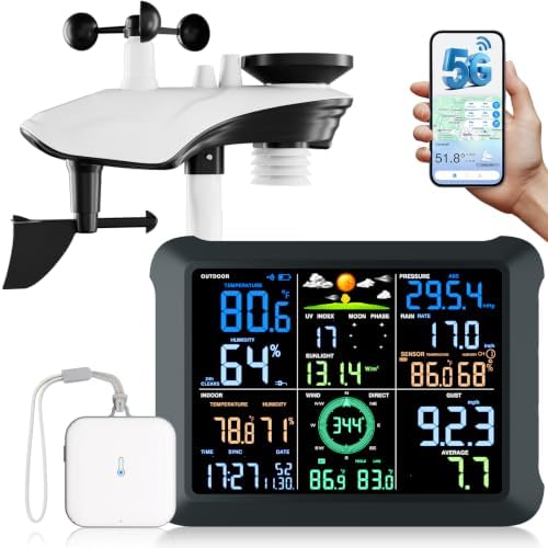 Sainlogic 5G/2.4G WiFi Smart Weather Station with 24/7 AI Weather Forecast, Wireless Indoor Outdoor Weather Station with Extra Sensor, Rain Gauge, Wind Speed, UV, App Alerts, Weather Underground