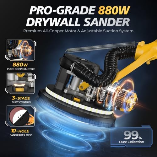 880W Drywall Sander, 5-Speed 1000-2100RPM, Foldable & Extendable Handle