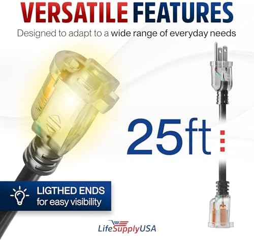 25ft Outdoor/Indoor Extension Cord 10/3 Gauge Ultra Heavy Duty 3 Prong SJTW (5-15P/5-15R), Waterproof, Flexible Cold-Resistant Long Power Cord,15A 125V 1875W, Black by LifeSupplyUSA