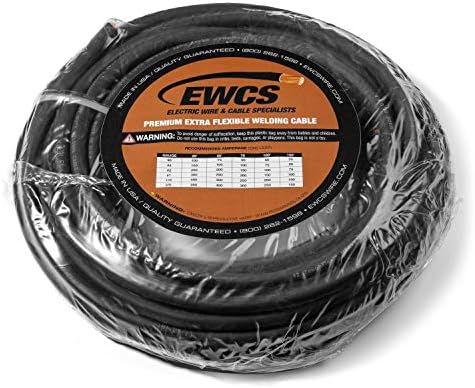 EWCS 2 Gauge Premium Extra Flexible Welding Cable 600 Volt - Black 20 Feet - Made in The USA