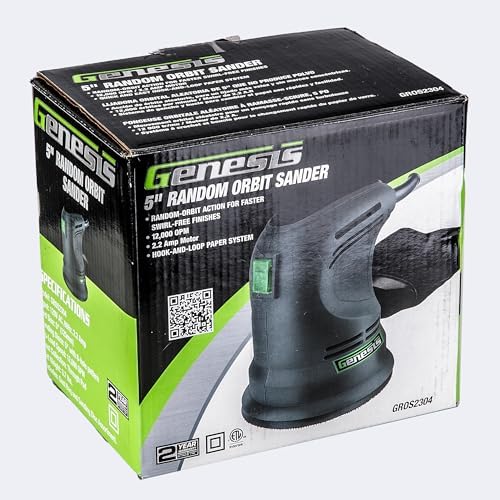 Genesis GROS2304 5" Random Orbit Sander with Rubberized Palm Grip, Hook-and-Loop System, Dust Bag, and Dust-Protected Power Switch
