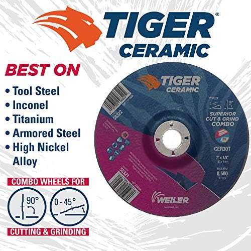 Weiler 58321 7 x 1/8 Tiger Ceramic Type 27 Cut Off/Grind Combo Wheel CER30T 7/8 A.H. (Pack of 25)