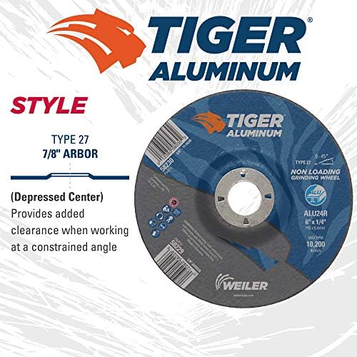 Weiler 58229 6 x 1/4 Tiger Aluminum Type 27 Grinding Wheel ALU24R 7/8 A.H (Pack of 10)
