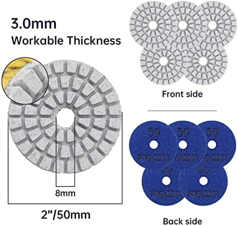 2 Inch Diamond Polishing Pads with 7Pcs Dry Wet Granite Stone Polish Pad Kit for Drill，50-3000 Grit Polishing Pad (5Pcs 50#（Dry/Wet）)
