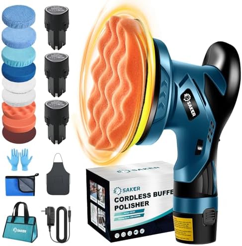 Saker Cordless Car Buffer Polisher - 6 Inch Portable Polishing Waxer Machine Kit for Car Detailing, with 3PCS 12V 2000mAh Batteries, Cloth, Bag, Gloves, Extends to 22 Attachments