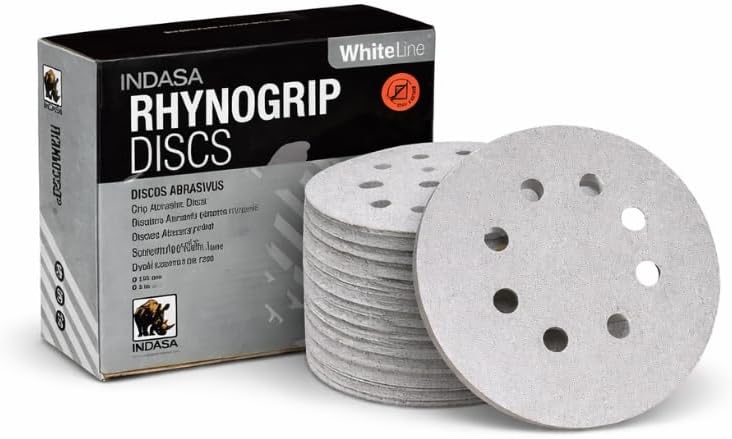 Indasa Rhynogrip White Line 5 Inch Sanding Discs, 8-Hole Hook & Loop – Aluminum Oxide, Random Orbital, Vacuum Compatible – 55 Series (50 Pack) (5 Inch, 180, Fine)