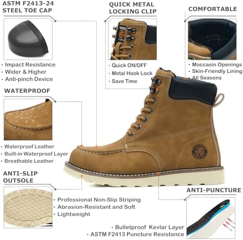 Steel Toe Boots for Men-6 Inch Moc Toe Safety Work Boots Non-Slip Resistant Indestructible Construction Western Boot Mens Steel Toes Shoes