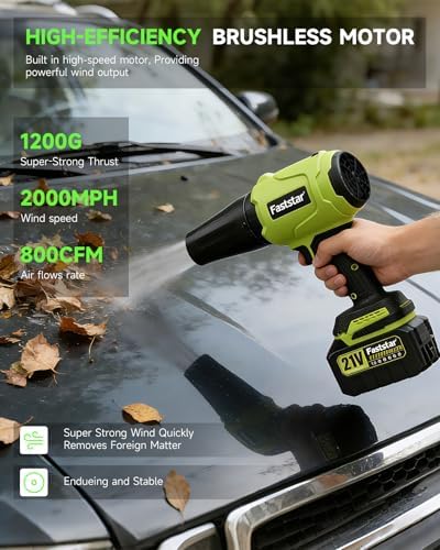Faststar 21V 6.0Ah Cordless Leaf Blower, Brushless Handheld Jet Blower, 2000 MPH 800 CFM 1200G Thrust Powerful Electric Air Blower for Car Drying & Yard Cleanup (4500mAh)