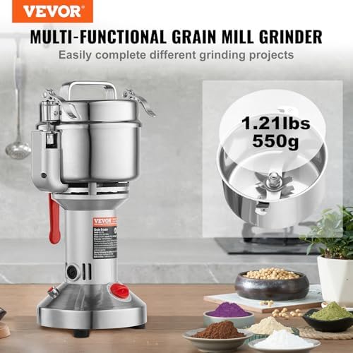 VEVOR 550g Electric Grain Mill Grinder, High Speed 2000W Commercial Spice Grinders, Stainless Steel Pulverizer Powder Machine, for Dry Grains Spices Cereals Coffee Corn Pepper, Straight Type
