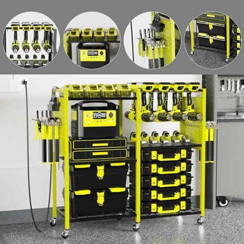 Heavy-Duty Power Tools Organizer Cart with Charging Power Strip, 6-Tier Rolling Utility Cart with 8 Hooks and 6 Load-Bearing Wheels, Garage Tool Storage Rack for Workshop for Men