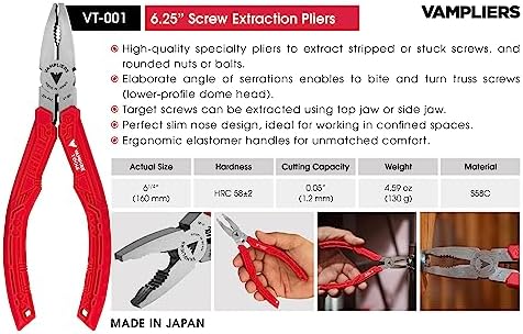 VAMPLIERS 4-PC Screw Extractor Pliers Gift Set. Made in Japan. 8" Linesman, 7.5" Long Nose, 6.25" Multipurpose & 5" ESD Safe Pliers + Tool Pouch. Remove any Stripped/Damaged/Rusted Screws.