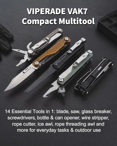 VIPERADE VAK7 14-in-1 EDC Multitool Pocket Knife with Saw, Glass Breaker, Awls, Bottle and Can Opener, Wire Stripper, Screwdriver for Camping, Hiking and Outdoor Activities (PEI)