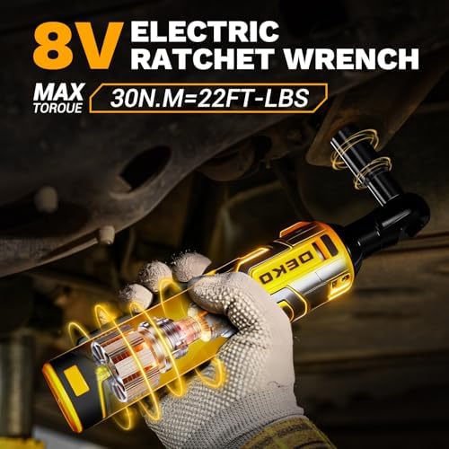 DEKOPRO Cordless Electric Ratchet Wrench Set 3/8" 450RPM Power Ratchet Tool Kit, 19Pcs Cordless Ratchets Wrench Set with Variable Speed,14 Sockets,3/8" to1/4 Adapter,2 Extension Bars, Charging Line