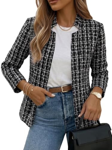 Mina Self 2026 Fall Women's Open Front Tweed Blazer,Plaid Fitted Jacket
