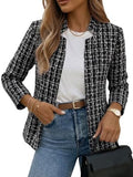 Mina Self 2026 Fall Women's Open Front Tweed Blazer,Plaid Fitted Jacket