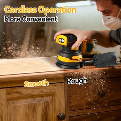 Brushless Palm Sander with 3 Speeds, Cordless 5" Random Orbital Sander, Dust Collector & 20 Sandpaper Sheets (60#–240#), Ideal for Woodworking, Polishing & Waxing (Fit for DW Battery)