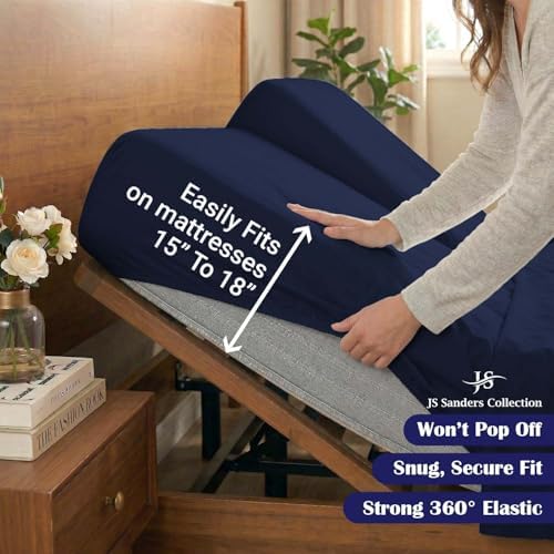 JS Sanders Collection 600TC Flex Top King Sheets for Sleep Number Bed - 100% Cotton 4 Pcs Top Split King Sheets for Adjustable Bed, King 34 Inch Down Navy Blue -18 Inch Deep