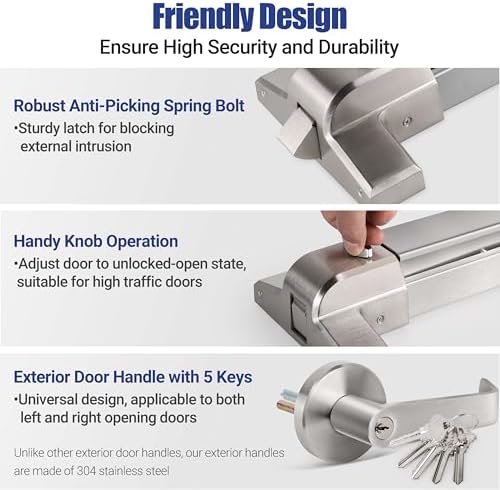 31" Commercial Push Bar Panic Exit Device with Exterior Lever Handle, 304 Stainless Steel Emergency Exit Door Hardware, Panic Bar Lock for 31"-47" Wood, Metal & Composite Doors, Reversible L/R