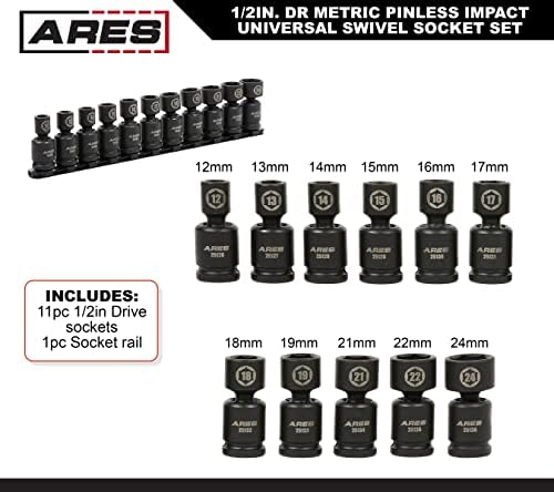 ARES 25125 11-Piece 1/2-Inch Drive Metric Pinless Swivel Impact Socket Set | Chrome-MolySteel, BlackPhosphateCoating, 360-Degree Swivel,Exceeds ANSIStandards, LimitedLifetime Warranty
