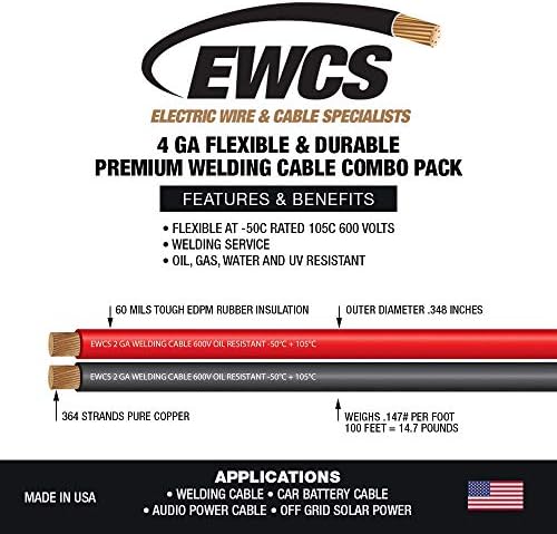 EWCS 4 Gauge Premium Extra Flexible Welding Cable 600 Volt 25 Feet Each Black+Red