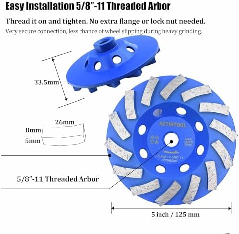 5 in.x5/8-11 in. Plate 14 Segments Turbo Shape Diamond Grinding Cup Wheel for Concrete and Stone (5 Inch 5/8"-11 Threaded)