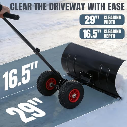 29" Push Snow Shovel with Wheels for Driveway, Heavy Duty Adjustable Angle Wheeled Snow Pusher Shovel, Metal Rolling Snow Pusher, Snow Plow Shovel on Wheels for Snow Removable, 29"x16.5" Blade