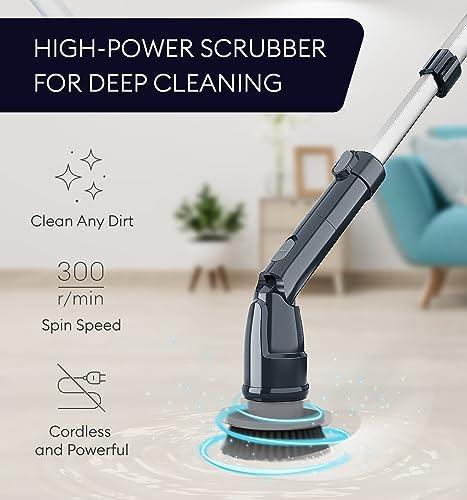 GENIANI Electric Spin Scrubber - 360 Cordless Powerful Scrub Brush for Cleaning Bathroom, Tile, Floor, Tub & Shower with Adjustable Extension Handle & 3 Replaceable Rotating Brush Heads (Gloss Black)