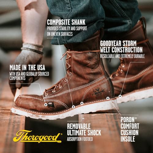 Thorogood American Heritage 8” Steel Toe Work Boots for Men - Full-Grain Leather with Moc Toe, Slip-Resistant Wedge Outsole, and Comfort Insole; EH Rated