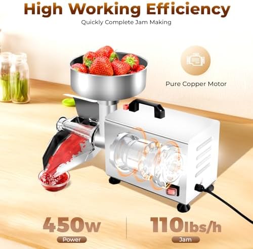 Tomato Mill, 110V 450W Stainless Steel Food Mill for Tomato Sauce, Commercial Electric Tomato Strainer, Pure Copper Motor Food Strainer for Jam & Sauce