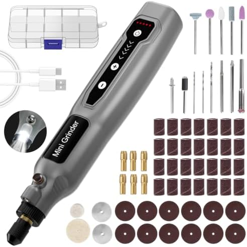 Cordless Mini Rotary Tool Set -5 Speed Multi-Purpose Rotary Tool Kit 5000-18000RPM 3.7V Rechargeable Engraving Pen with LED Light 64Pcs Accessories for DIY Craft Sanding Polishing Drilling Grey