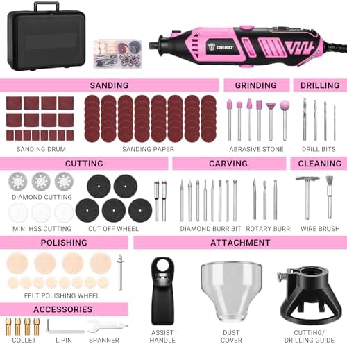 DEKOPRO Rotary Tool Kit, 1.5-Amp Corded Power Rotary Tools with 42" Flex Shaft, 6 Variable Speed, 8,000-35,000 RPM, 129 Pcs Accessories Kit for Cutting, Sanding, Grinding, Carving & DIY Projects Pink