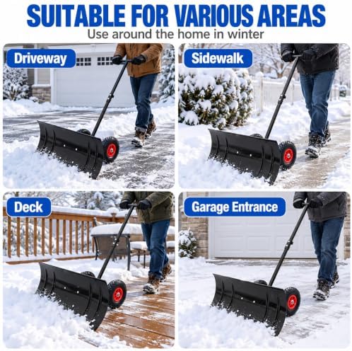 30 inch Snow Pusher with Wheels, Metal Snow Shovel for Driveway