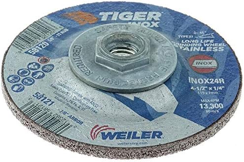 Weiler 58120 4-1/2" x 1/4" Tiger INOX Type 27 Grinding Wheel, INOX24R, 5/8"-11" UNC Nut (Pack of 10)