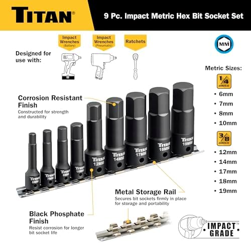 Titan 49011 9-Piece Impact Metric Hex Bit Socket Set, Sizes 6mm thru 19mm, S2 and 6150 Alloy Steel, Extra-long Design for Greater Reach and Access, Metal Storage Rail